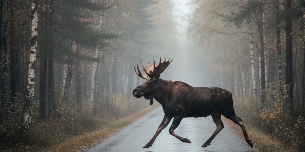 Älg springer över vägen