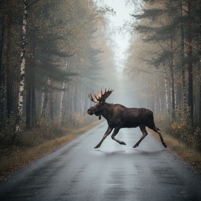 Älg springer över vägen