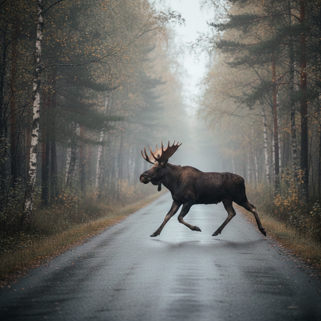Älg springer över vägen
