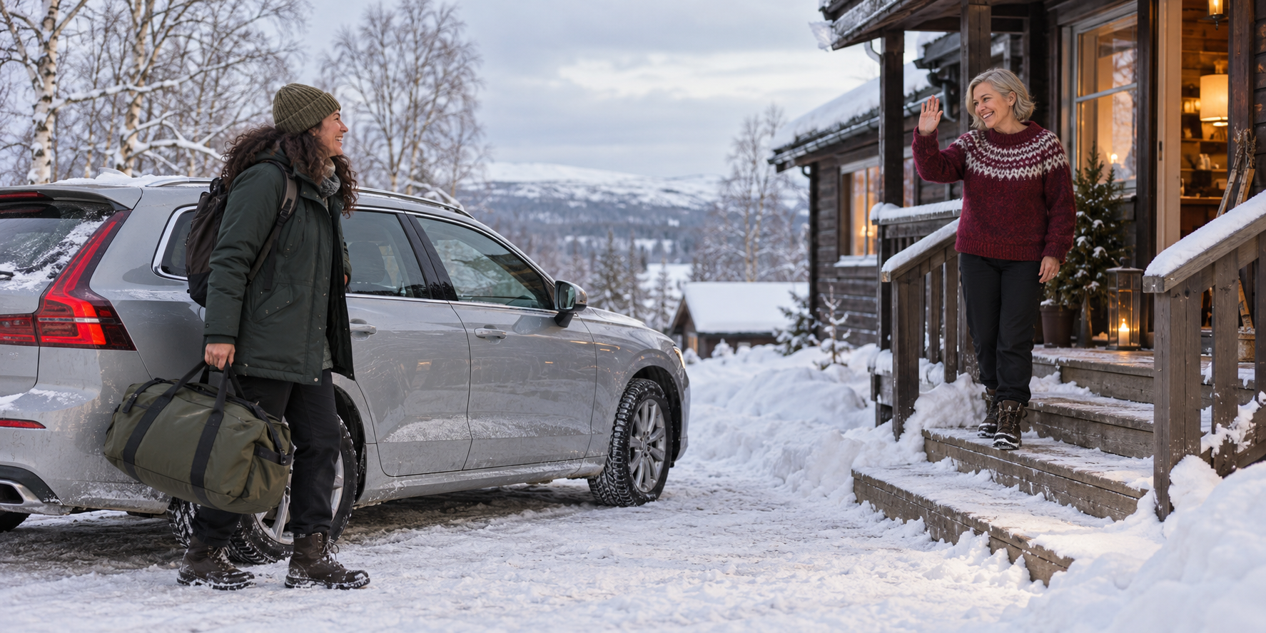 Två vänner välkomnar varandra vid en parkerad bil utanför en snötäckt stuga.