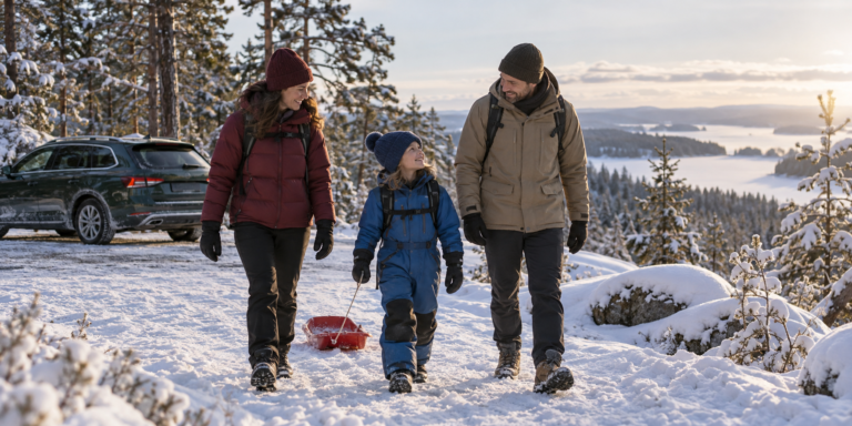 Två vuxna och ett barn tar med en pulka från en parkerad bil till en snöig utflyktsplats.